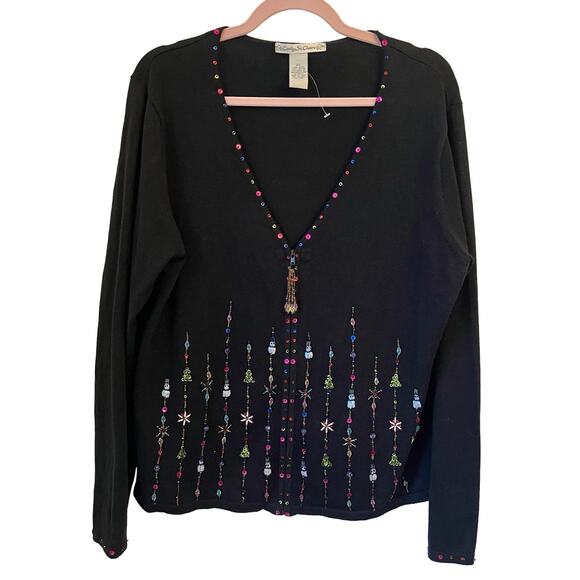 VTG Carly St. Claire Christmas Cardigan Sweater XL Sequin Beaded Holiday Zip Up - Picture 1 of 13